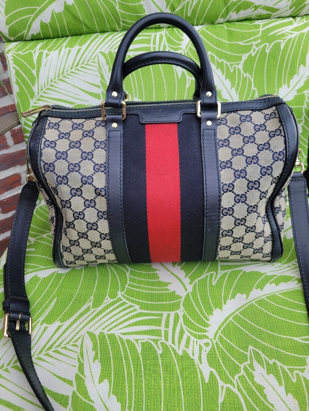 Vintage Gucci GG Canvas Web Joy Boston Blue/Red Boston Bag